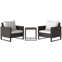 Outsunny 3 Pieces Rattan Bistro Set with 4 Cushions, Wicker Garden Furniture Set, Glass Top Coffee Table and Chairs for Outdoor Patio, Balcony, Terrace and Conservatory, Brown(m-1)