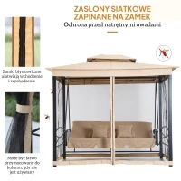 Luksusowa Huśtawka Ogrodowa Outsunny z Ochroną Przeciwsłoneczną i Moskitierą, 3-osobowa, Beżowa(m-6)