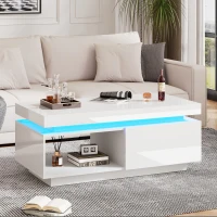 High Gloss LED Coffee Table with Storage Drawer, Display Shelf, Modern Centre Table with Remote-Controlled Lighting, 100L x 50W x 40H cm, White(m-7)