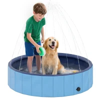 PawHut Piscina para Perros Grandes Plegable con Aspersor de PVC Antideslizante Resistente al Desgaste Ø120x30 cm Azul Claro(m-10)