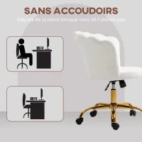 HOMCOM Chaise bureau en velours, chaise coiffeuse avec dossier en pétale, hauteur réglable, 69 x 64 x 80-90 cm, blanc(m-6)