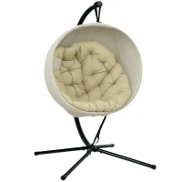 Outsunny Hanging Egg Chair Outdoor Indoor Garden Swing Chair with Folding Basket, Garden Hanging Chair with Stand, Thickened Cushion, Cup Holder for Patio, Balcony, Khaki(m-10)