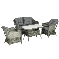 Outsunny Four-Piece Rattan Set, with Glass-Top Table - Grey(m-10)