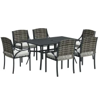 Outsunny Rattan Garden Furniture Set with Cushions, 6 Seater Rattan Dining Set with 6 Armchairs, 150 x 96cm Rectangular Table, Umbrella Hole, for Outdoor, Patio, Balcony, Terrace, Conservatory(m-1)