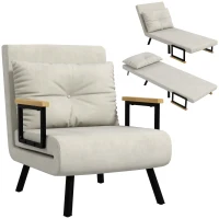 HOMCOM Fauteuil convertible 4 en 1 lit 1 place dossier 5 positions, accoudoirs en bois et coussin, tissu effet velours, crème(m-11)