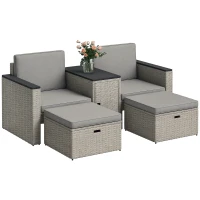 Outsunny 5 Piece Rattan Garden Furniture Set, Nesting Outdoor Furniture Conversation Set with 2 Footstools, WPC Storage Coffee Table and Cushions, Wicker Garden Sofa for Conservatory, Terrace, Grey(m-10)