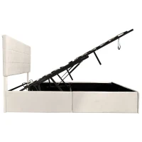 Velvet Double Bed with Hydraulic Storage, Adjustable Button Tufted Headboard, Upholstered Storage Bed Frame, 195L x 145W x 116H cm, Beige(m-13)