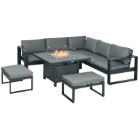 Outsunny 6-Piece Aluminium Garden Furniture Set with Fire Pit Table, Outdoor Dining Sofa Set with Cushions, Loveseats and Footstools, Sectional Corner Conservatory Furniture for Patio, Grey(m-10)