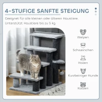 PawHut Katzentreppe 4-stufige Haustiertreppe mit Kratzsäulen Ball Hundetreppe Tiertreppe für Katzen bis 5 kg Plüsch Jute Grau 60 x 40 x 64 cm(m-4)