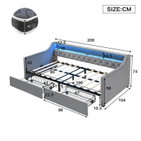 3FT Sofa Bed with 2 Drawers on Wheels, Light Strip, Charging Port, Upholstered Single Bed with Velvet Finish, 206L x 104W x 74H cm, Grey(m-3)