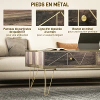HOMCOM Table Basse en Bois Table de Salon Grand Plateau et 2 Tiroirs Design de Luxe Élégant Décoration avec Lignes Dorées Peintes à La Main 110L x 59l x 42H cm Brun(m-6)