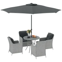 Outsunny 4 Seater Rattan Dining Set with Parasol & Cushions - Light Grey(m-10)
