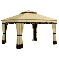 Outsunny Pérgola de Jardim 370x300x275 cm com 4 Paredes Laterais 4 Mosquiteiros Teto Duplo Impermeável e Anti-UV para Terraço Bege(m-1)