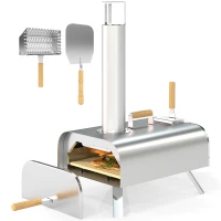 Outsunny Forno per Pizza a Pellet di Legno con Pietra Refrattaria e Pala, in Acciaio Inox, 79x36x75 cm, Argento(m-1)