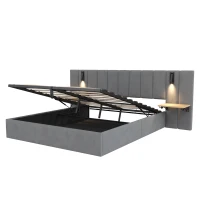 King Upholstered Bed with Charging Station, Adjustable Bedside Shelf, Velvet Hydraulic Storage Bed with Reading Light, 237L x 207W x 109H cm, Grey(m-11)