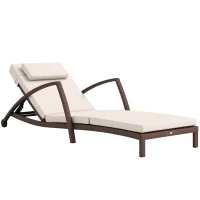 Outsunny Bain de soleil, chaise longue en résine tressée avec dossier réglable, roulettes, coussin et accoudoirs, marron et beige(m-10)