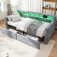 3FT Sofa Bed with 2 Drawers on Wheels, Light Strip, Charging Port, Upholstered Single Bed with Velvet Finish, 206L x 104W x 74H cm, Grey(m-7)