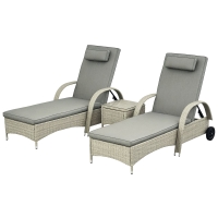 Outsunny Sonnenliege Gartenliege Tisch 3er-Set Gartenmöbel, Polyrattan+Metall Grau