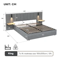 King Upholstered Bed with Charging Station, Adjustable Bedside Shelf, Velvet Hydraulic Storage Bed with Reading Light, 237L x 207W x 109H cm, Grey(m-3)