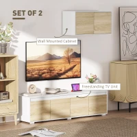HOMCOM 2 Pieces TV Unit Set with Wall Cabinet, Freestanding Entertainment Unit for 70-inch TVs, Wall Mounted Storage Cupboard, with Adjustable shelves and Cable Holes, Natural(m-4)
