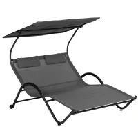 Outsunny Chaise longue bain de soleil transat avec auvent oreiller et roulettes en acier et polyester gris foncé(m-12)