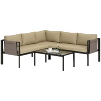 Outsunny 5 Seater Garden Corner Sofa Set, 4 Pieces Metal Garden Furniture Set with Loveseats, Glass Top Coffee Table, Breathable Mesh Pocket, Outdoor Conversation Furniture with Cushions, Khaki(m-10)
