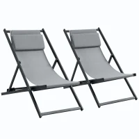 Outsunny Lot de 2 bain de soleil, chaise longue pliante avec appuie-tête en textilène inclinable 60 x 100 x 85 cm gris foncé(m-11)
