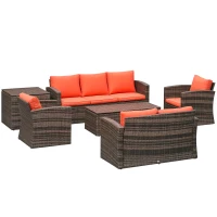 Outsunny 6 Pieces Rattan Garden Furniture Set, 7 Seater Wicker Outdoor Furniture Set with Storage Tea Table & Side Table, Sectional Garden Sofa Set with Cushions, Orange(m-10)