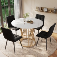 Modern Round Dining Table with MDF Marble Pattern Top, Gold+White