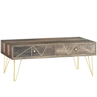 HOMCOM Table Basse en Bois Table de Salon Grand Plateau et 2 Tiroirs Design de Luxe Élégant Décoration avec Lignes Dorées Peintes à La Main 110L x 59l x 42H cm Brun(m-11)
