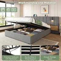 King Upholstered Bed with Charging Station, Adjustable Bedside Shelf, Velvet Hydraulic Storage Bed with Reading Light, 237L x 207W x 109H cm, Grey(m-6)