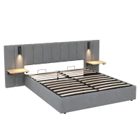 King Upholstered Bed with Charging Station, Adjustable Bedside Shelf, Velvet Hydraulic Storage Bed with Reading Light, 237L x 207W x 109H cm, Grey(m-12)