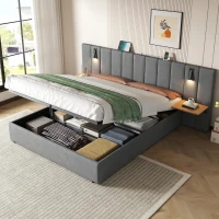 King Upholstered Bed with Charging Station, Adjustable Bedside Shelf, Velvet Hydraulic Storage Bed with Reading Light, 237L x 207W x 109H cm, Grey(m-1)
