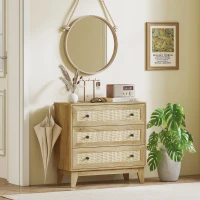HOMCOM Cómoda con 3 Cajones Cajonera de Madera con Frontales de Ratán Estilo Cannage para Dormitorio 80x35x76 cm Natural(m-8)