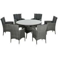 Outsunny Seven-Piece Rattan Dining Table, with Round Glass-Top Table - Mixed Grey(m-1)