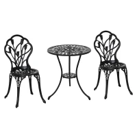 Outsunny Conjunto de Mesa e Cadeiras de Exterior 3 Peças de Alumínio com Encosto com Padrão de Tulipa e Mesa com Orifício para Chapéu de Sol Preto(m-10)