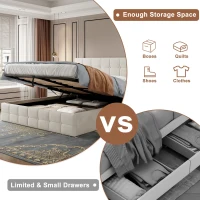 Velvet Double Bed with Hydraulic Storage, Adjustable Button Tufted Headboard, Upholstered Storage Bed Frame, 195L x 145W x 116H cm, Beige(m-6)