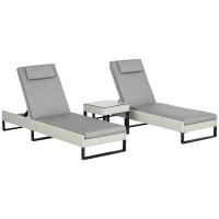 Outsunny 3-piece PE Rattan Sun Lounger Set with Adjustable 5-Position Recliner, Patio Chaise Lounge Chair Set with Cushions, Headrests, Glass Top Square Coffee Table, Light Grey(m-10)