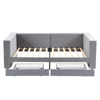 3FT Upholstered Single Bed with 2 Drawers, Side Compartments, Easy Assembly, Daybed Sofa Bed with Storage, 223.5L x 101W x 74.5H cm, Grey(m-14)