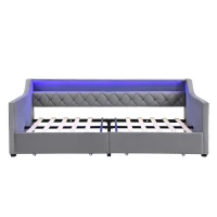 3FT Sofa Bed with 2 Drawers on Wheels, Light Strip, Charging Port, Upholstered Single Bed with Velvet Finish, 206L x 104W x 74H cm, Grey(m-2)