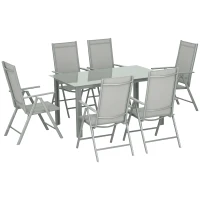 Outsunny 7 Piece Garden Dining Set, Outdoor Table and 6 Folding and Reclining Chairs, Aluminium Frame, Tempered Glass Top Table, Texteline Seats, Grey(m-10)