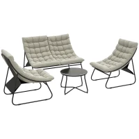 Outsunny 4 Seater Garden Furniture Set, Conversation Set with Loveseat Sofa, Chairs, Glass Coffee Table, Thick Cushions, Steel Outdoor Sofa for Balcony, Poolside, Conservatory, Light Grey(m-10)