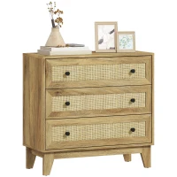 HOMCOM Cómoda con 3 Cajones Cajonera de Madera con Frontales de Ratán Estilo Cannage para Dormitorio 80x35x76 cm Natural(m-10)