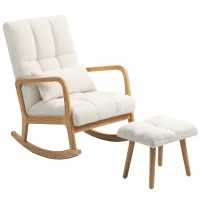 HOMCOM Fauteuil à bascule avec repose-pieds, rocking chair en tissu bouclette, pieds en bois, 64,5 x 82 x 89 cm, blanc(m-1)