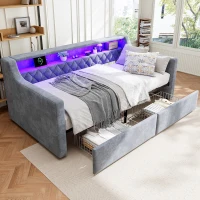 3FT Sofa Bed with 2 Drawers on Wheels, Light Strip, Charging Port, Upholstered Single Bed with Velvet Finish, 206L x 104W x 74H cm, Grey(m-1)