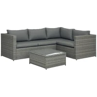 Outsunny 3 Pieces PE Rattan Garden Furniture Set with 10 cm Thick Cushions, 4 Seater Garden Corner Sofa Set with Glass Top Coffee Table, Outdoor Furniture for Patio, Porch, Grey(m-10)