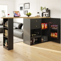 360° Swivelling Bar Table with 2 Drawers, Multi-Tiered Side Shelves, Storage Cabinet for Study, Living Room, 193L x 39W x 104H cm, Black