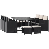 Outsunny Set 11 PZ Mobili da Giardino in Rattan da Esterno con Tavolo in Vetro Temperato e Cuscini, Set da Pranzo, Nero(m-1)