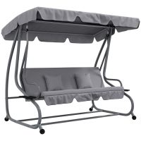 Outsunny Balancín de Jardín Exterior de 3 Plazas Convertible en Cama con Toldo Ajustable y 2 Almohadas Carga 340 kg Gris