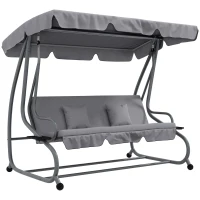 Outsunny Balancín de Jardín Exterior de 3 Plazas Convertible en Cama con Toldo Ajustable y 2 Almohadas Carga 340 kg Gris(m-1)